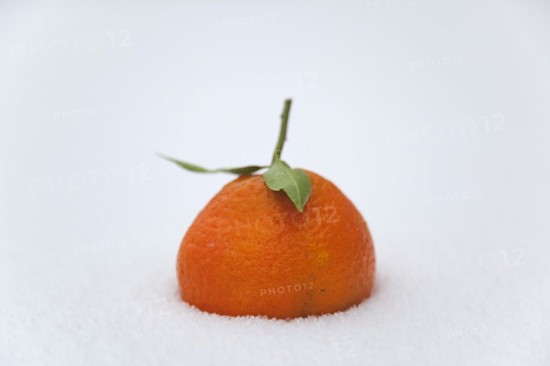 Food, Fruit, Oranges, Fresh Clementine orange in the snow.