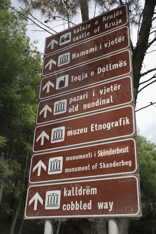 Albania, Kruja, Bi-lingual road sign giving direction to places of interest in Kruja.