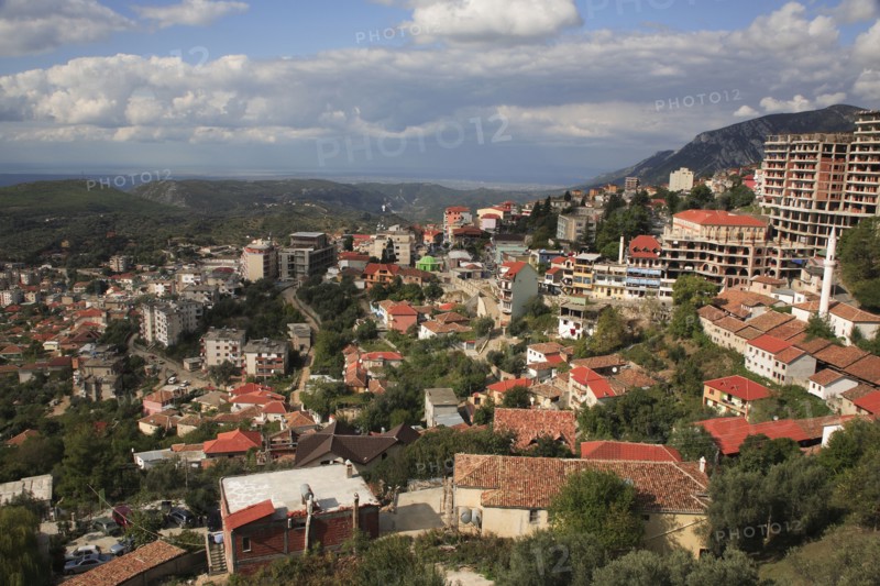Albania, Kruja, Panoramic view over the town and surrounding landscape.