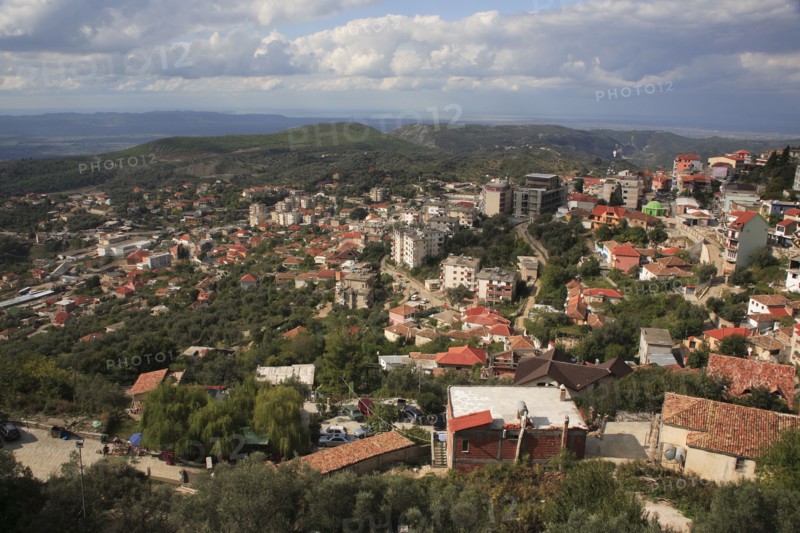 Albania, Kruja, Panoramic view over the town of Kruja and surrounding landscape.