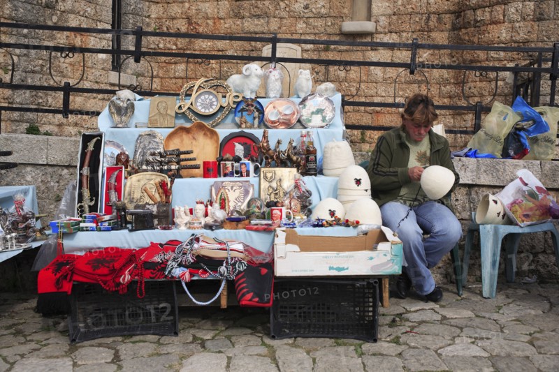 Albania, Kruja, Souvenir stall in the old town.