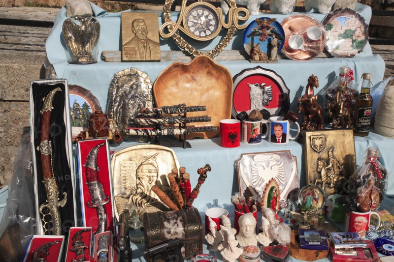 Albania, Kruja, Souvenir stall in the old town.