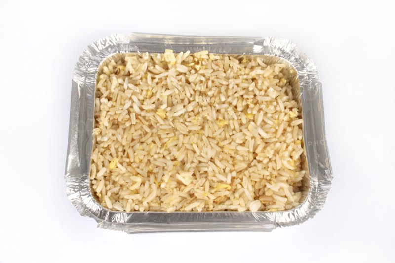Food, Cooked, Rice, Take away Chinese egg fried rice in tin foil container.