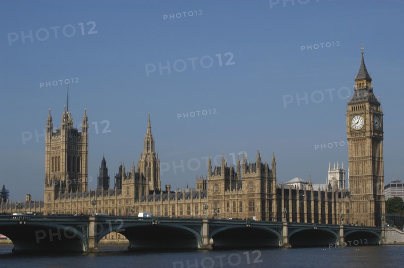 England, London, Westminster, View of the Houses of Parliament and Big Ben clock tower seen over the River Thames and Westminster Bridge
