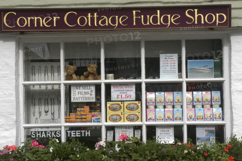 England, Cornwall, Polperro, Corner Cottage Fudge Shop window display