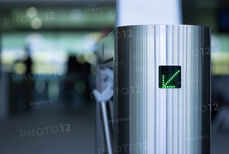 Ireland, County Dublin, Dublin City, Ballsbridge  Lansdowne Road  Aviva Stadium Stainless steel Turnstile at entrance with green LED arrow pointing to the left.