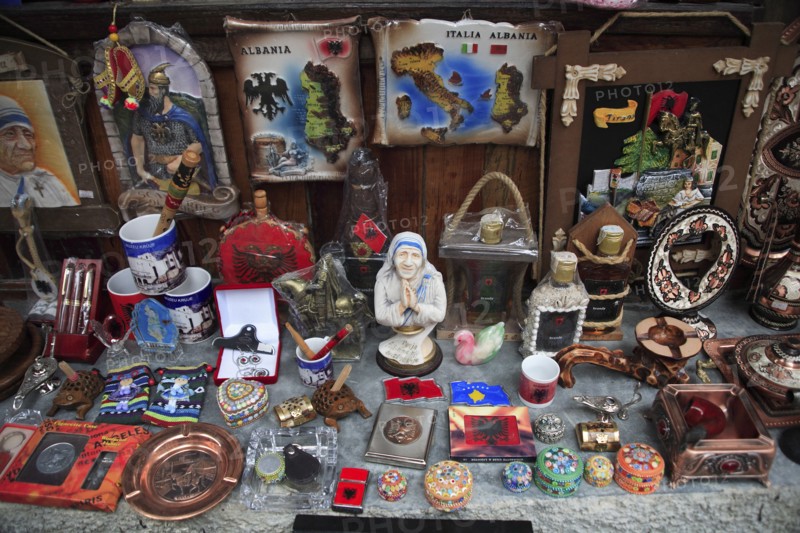 Albania, Kruja, Souvenir shops in the cobbled market bazaar in the old town.