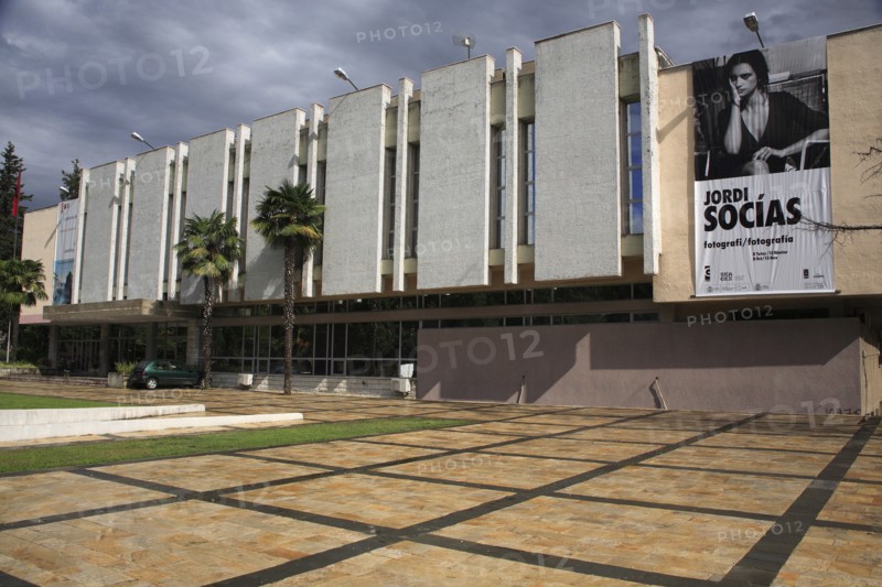 Albania, Tirane, Tirana, National Art Gallery  exterior facade with advertising for photography exhibition.