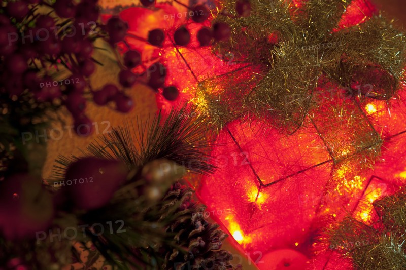 Festivals, Religious, Christmas, Detail of lights and decorations on Nordman Fir tree.