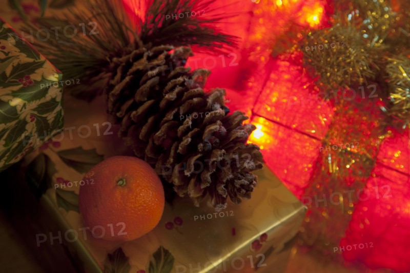 Festivals, Religious, Christmas, Detail of lights and decorations on Nordman Fir tree.