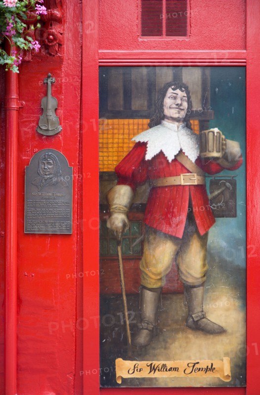 Ireland, County Dublin, Dublin City, Painting on wall of Temple Bar traditional Irish pub of Sir William Temple the founder.