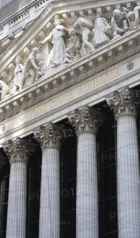USA, New York, New York City, Manhattan  The New York Stock Exchange building in Broad Street beside Wall Street showing the main facade of the building featuring marble sculpture by John Quincy Adams Ward in the pediment called Integrity Protecting the W