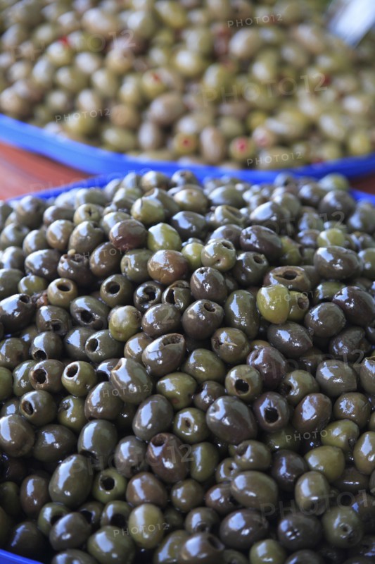 Albania, Tirane, Tirana, Display of olives for sale in the Avni Rustemi Market.