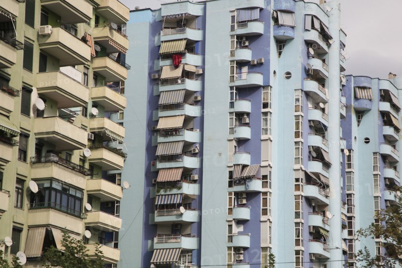 Albania, Tirane, Tirana, Cropped view of exterior of apartment blocks.