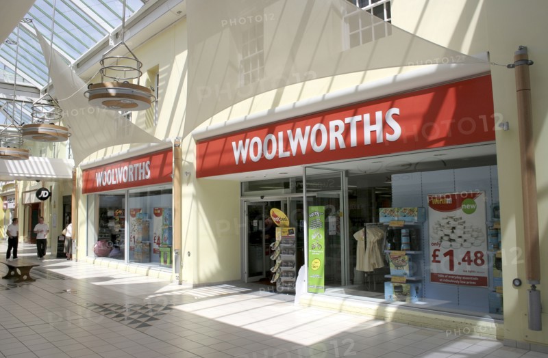 England, Worcestershire, Evesham, Exterior facade of Woolworths shop before the company closed its retail outlets  in covered shopping arcade.