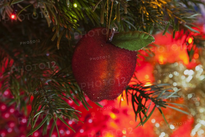 Festivals, Religious, Christmas, Detail of lights and decorations on Nordman Fir tree.
