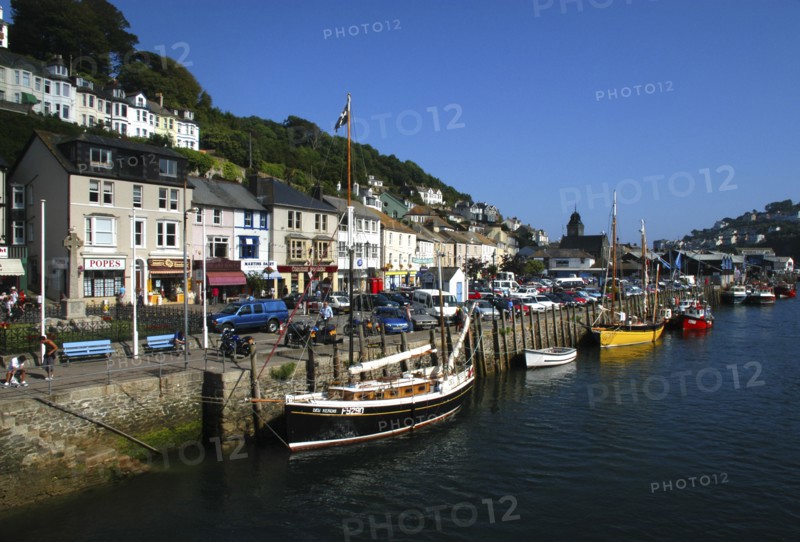 England, Cornwall, Looe, View of moored boats along the waterfront