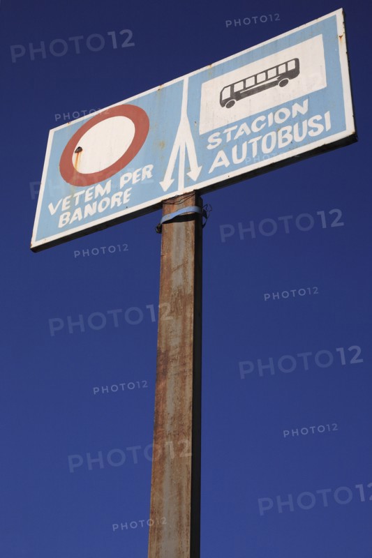 Albania, Tirane, Tirana, Sign for bus station.