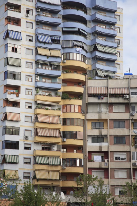 Albania, Tirane, Tirana, Part view of exterior facade of apartment block.
