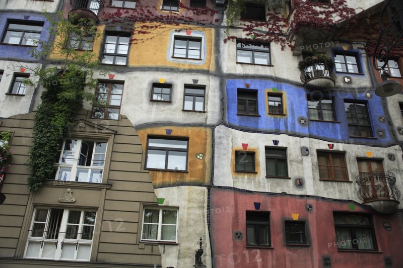 The Hundertwasser-Krawinahaus part view of exterior facade of apartment building. Photo: Bennett Dean