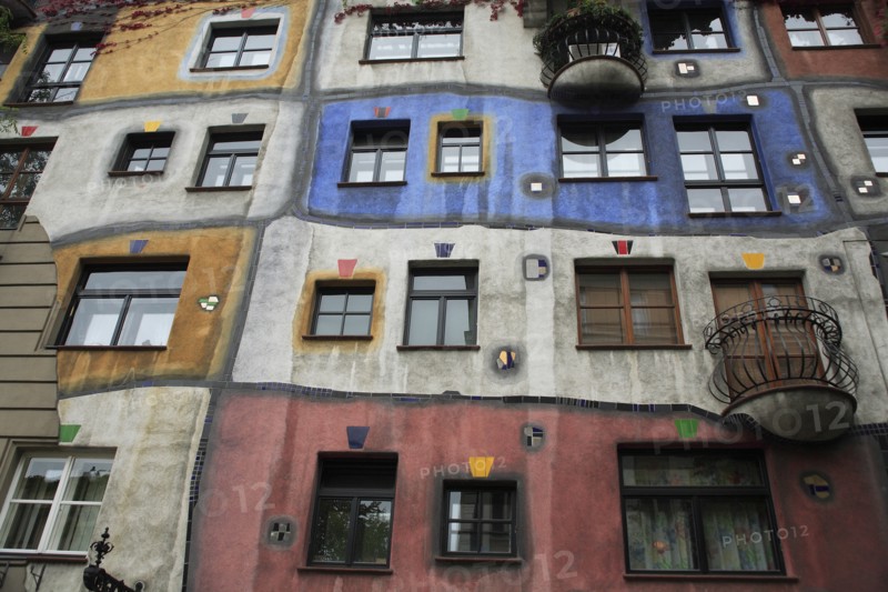 The Hundertwasser-Krawinahaus part view of exterior facade of apartment building. Photo: Bennett Dean