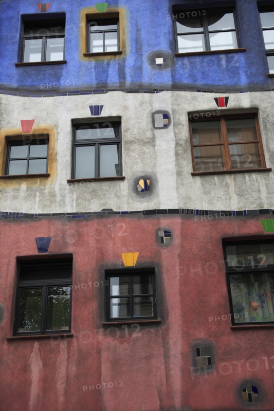 The Hundertwasser-Krawinahaus part view of exterior facade of apartment building. Photo: Bennett Dean