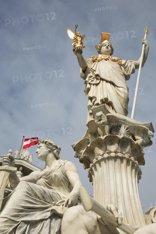 Statue of Athena raised on pillar above fountain in front of the Parliament building. Photo: Bennett Dean