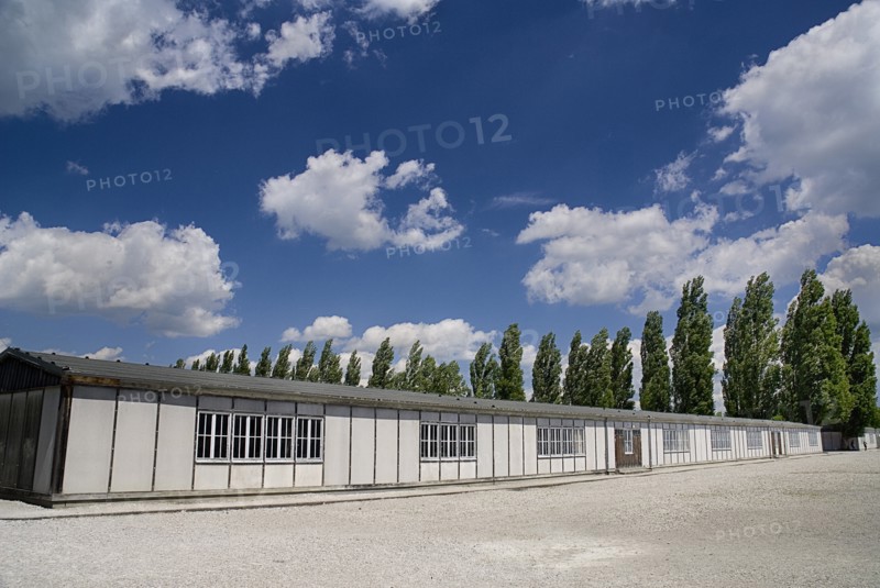 Dachau World War II Nazi Concentration Camp Memorial Site. Two reconstructed prisoner barracks originally there were thirty-four barracks on the site. Photo: Hugh Rooney