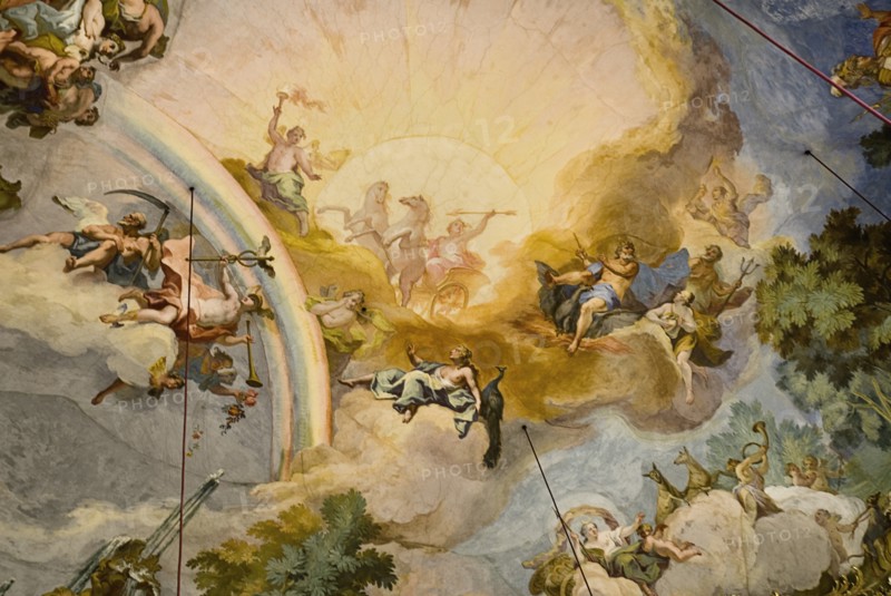 Nymphenburg Palace. Interior of Steinerner Saal the Stone or Great Hall with white and gold baroque decoration and painted ceiling by Johann Baptist Zimmermann. Photo: Hugh Rooney