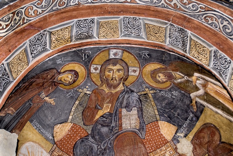 Open Air Museum. The Dark Church so named because it had few windows. Detail of fresco dating from the eleventh century depicting Christ as Pantocrator. The Dark Church is known in Turkish as Karanlik Kilise. Photo: Hugh Rooney