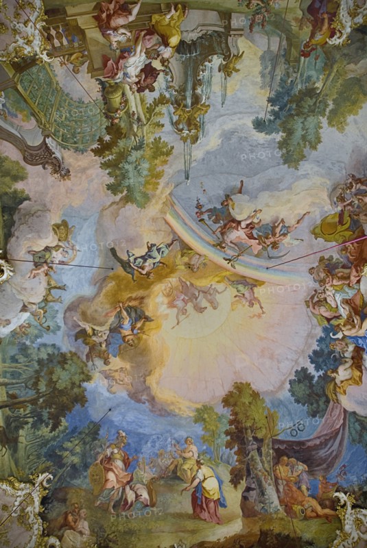 Nymphenburg Palace. Interior of Steinerner Saal the Stone or Great Hall with white and gold baroque decoration and painted ceiling by Johann Baptist Zimmermann. Photo: Hugh Rooney