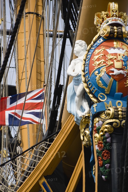Bow and rigging of Admiral Lord Nelsons flagship HMS Victory showing the ships figurehead with Royal Crest and Union Flag in the Historic Naval Dockyard. Photo: Paul Seheult