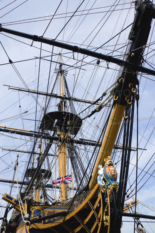 Bow and rigging of Admiral Lord Nelsons flagship HMS Victory showing the ships figurehead in the Historic Naval Dockyard. Photo: Paul Seheult