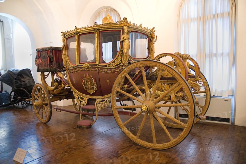 Nymphenburg Palace Marstall Museum. Highly ornate gold and painted coach made for the coronation of King Max I Joseph in 1818. Photo: Hugh Rooney