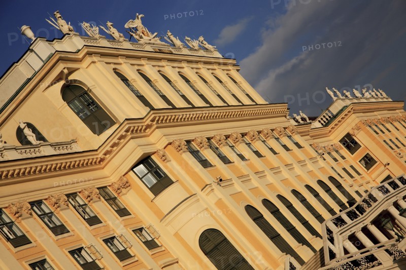 Schonnbrunn Palace. Angled part view of exterior facade.. Photo: Bennett Dean