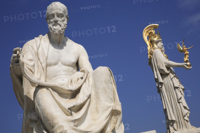 Statues of the Greek historian Polybius and Athena on the right in front of Parliament building. Photo : Bennett Dean
