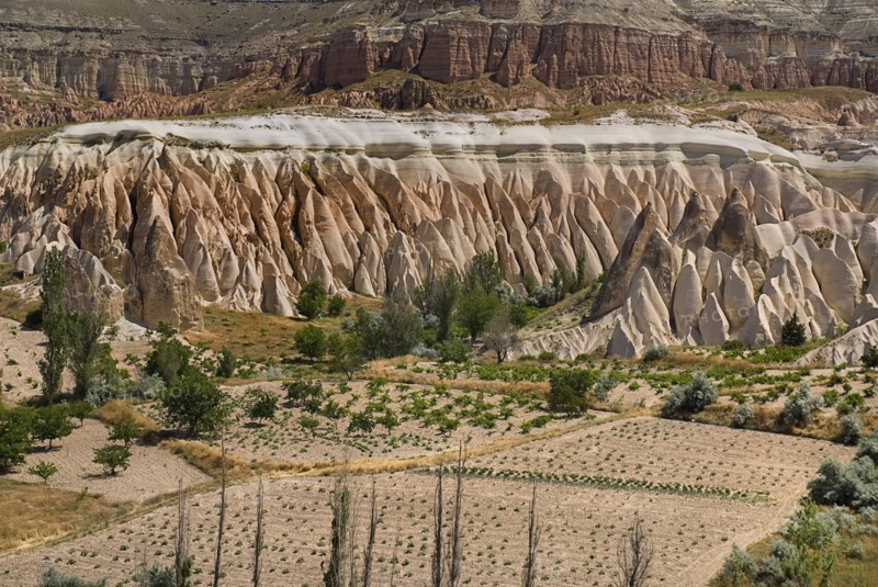 View across Rose Valley in foreground towards Red Valley behind. Cultivated land and eroded peaks of volcanic tufa rock formations. Photo : Hugh Rooney