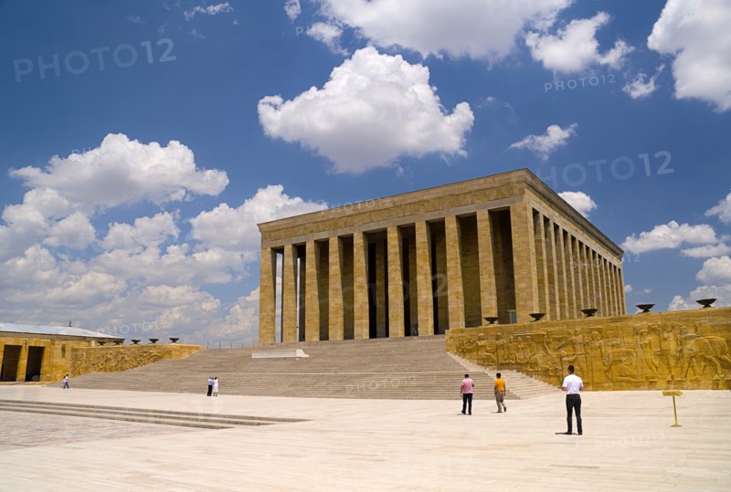 Mausoleum of Mustafa Kemal Ataturk the founder of the Turkish Republic and president in 1923 who died in 1938. Monumental rectangular structure set on hilltop with flight of steps to colonnaded entrance. Visitors in middle foreground. Photo: Hugh Rooney