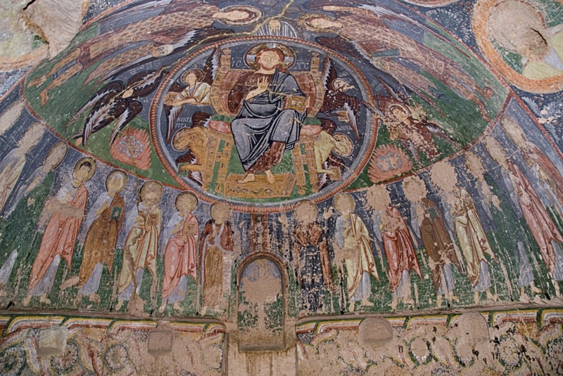 Red Valley. Hacli Kilise or The Church of the Cross. Interior of rock cut cave church on the North rim of the Red Valley with detail of ceiling fresco damaged by superstitous gouging to eradicate the evil eye. Photo: Hugh Rooney