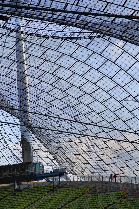 Olympic Stadium built as the main venue for the 1972 Summer Olympics. View along seating beneath large sweeping canopies of acrylic glass stabilised by steel cables meant to represent the Alps. Photo: Hugh Rooney