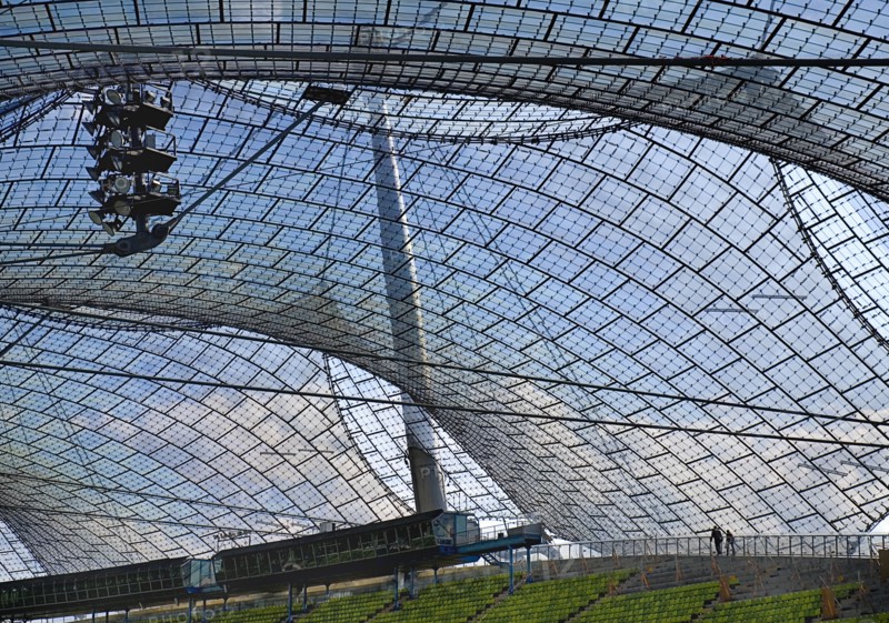Olympic Stadium built as the main venue for the 1972 Summer Olympics. View along seating beneath large sweeping canopies of acrylic glass stabilised by steel cables meant to represent the Alps. Photo: Hugh Rooney