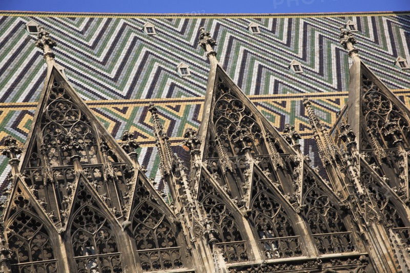 Stephansdom Cathedral. Detail of diamond patterned tile roof added in 1952. Photo: Bennett Dean