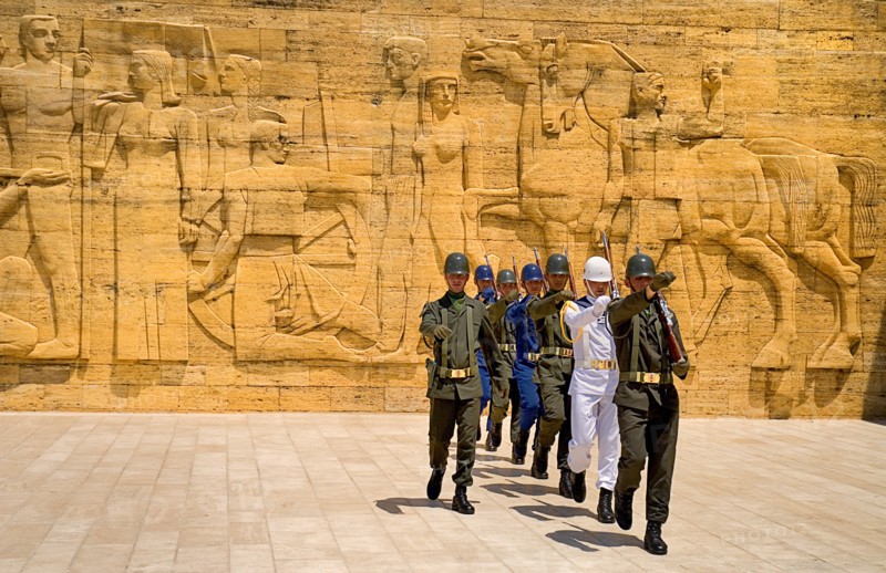 Mausoleum of Mustafa Kemal Ataturk founder of the modern Turkish Republic and president in 1923. Changing of the Guard taking place in foreground of relief carved frieze. Photo : Hugh Rooney