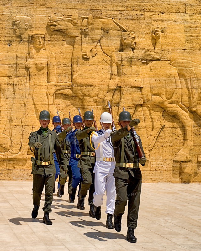 Mausoleum of Mustafa Kemal Ataturk founder of the modern Turkish Republic and president in 1923. Changing of the Guard taking place in foreground of relief carved frieze. Photo: Hugh Rooney