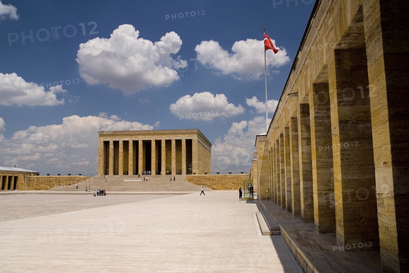 Mausoleum of Mustafa Kemal Ataturk founder of the modern Turkish Republic and president in 1923. Monumental structure set on hilltop with flight of steps to colonnaded entrance and bordered by further colonnades flying Turkish flag. Photo: Hugh Rooney