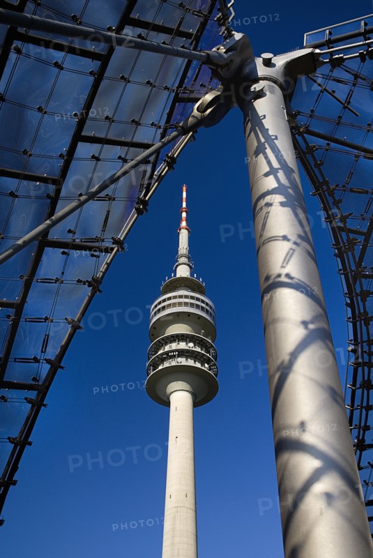 Olympic Tower or Olympiaturm framed by stadium architecture. Photo: Hugh Rooney