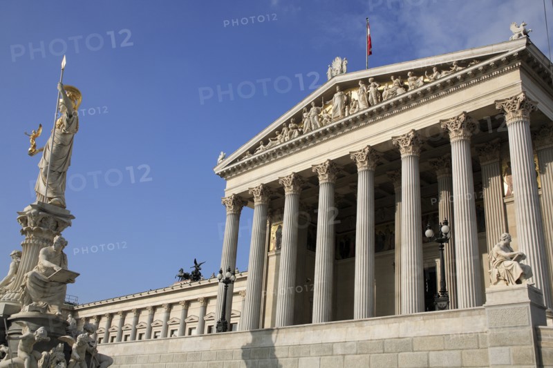 Parliament. Exterior facade with fountain and statue of Athena to the left. Photo: Bennett Dean