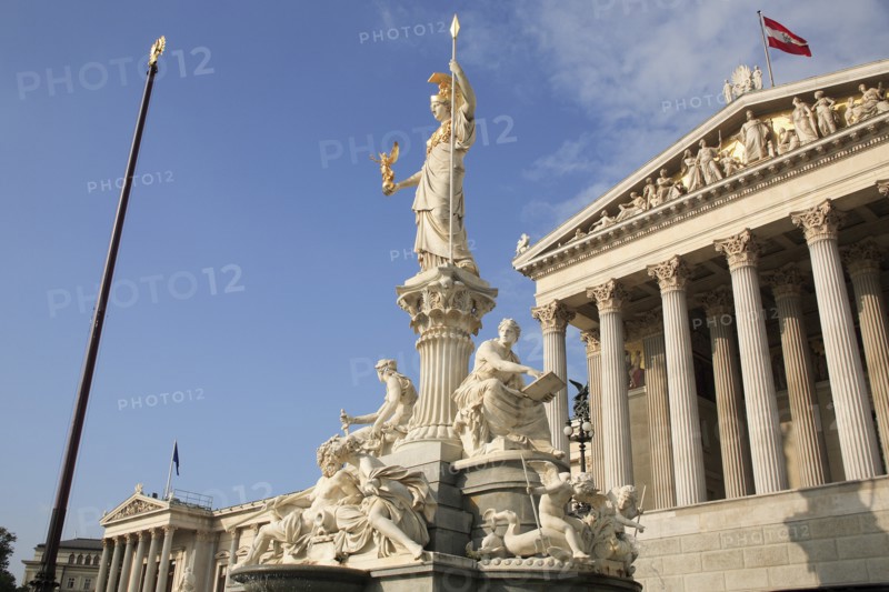 Statue of Athena rising from fountain in front of the Parliament building. Photo: Bennett Dean