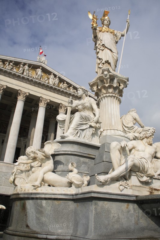 Statue of Athena raised on pillar above fountain in front of the Parliament building. Photo: Bennett Dean