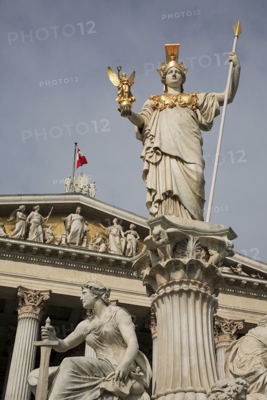 Statue of Athena raised on pillar above fountain in front of the Parliament building. Photo: Bennett Dean